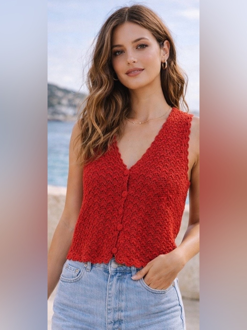 Lizsport Vintage Hand Crocheted Linen Cotton Vest Large